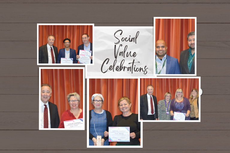 Social value celebrations and pinboard with photographs of those who won awards