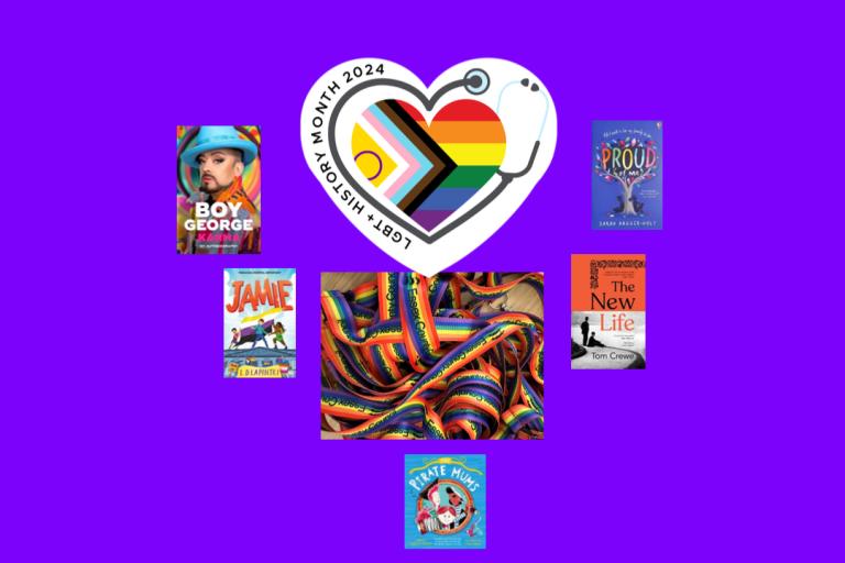 Purple background with a heart logo for this year's LGBT theme and the covers of several books from the libraries recommended reading list