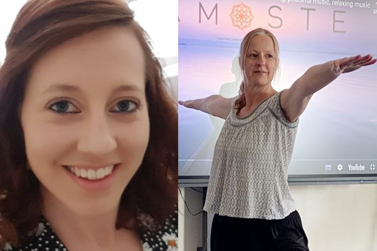 Photo of Sarah Alderton and picture of colleague doing the warrior yoga pose