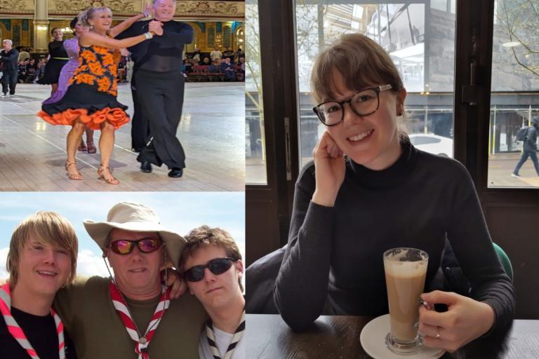 On the left we have Laura Walkinshaw sat in a coffee shop with a cup of coffee. On the right are two photographs. The first is of two people ballroom dancing. The second is of John wearing a hat and sunglasses, with two of his sons, all wearing scouting scarves and toggles. 