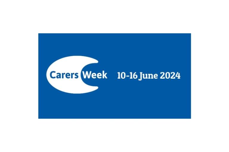 Logo for awareness week with blue background and wording in white saying Carers Week 2024