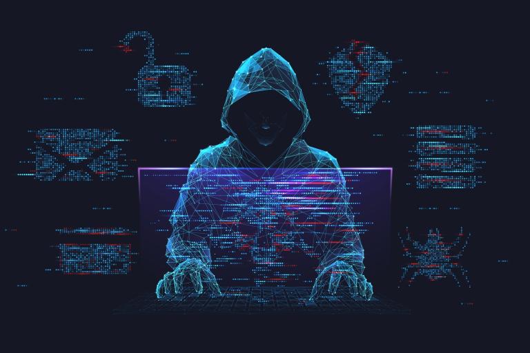 Fraud or scam background. Abstract hacker behind the monitor hologram with programmer code. Cybercriminal icons on a background. Cyber attack, computer hack, cybersecurity concept