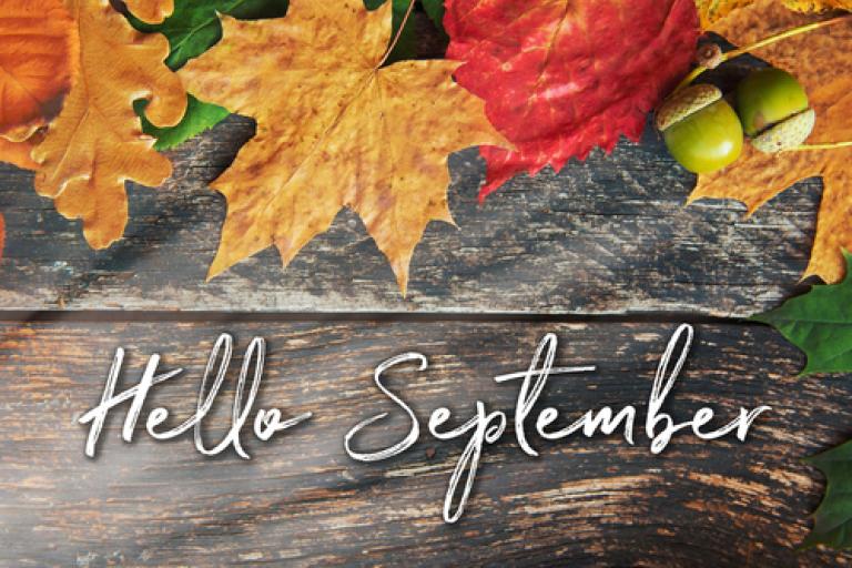 Hello September surrounded by autumn leaves