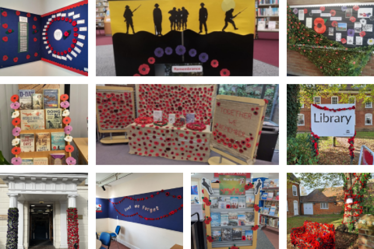 Photo montage of Remembrance displays from Essex Libraries, ten in total