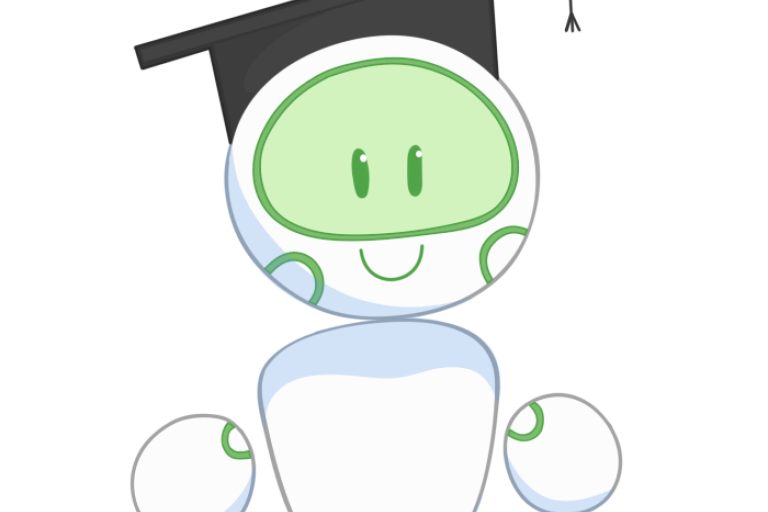 Graphic of a robot with a smiling green face