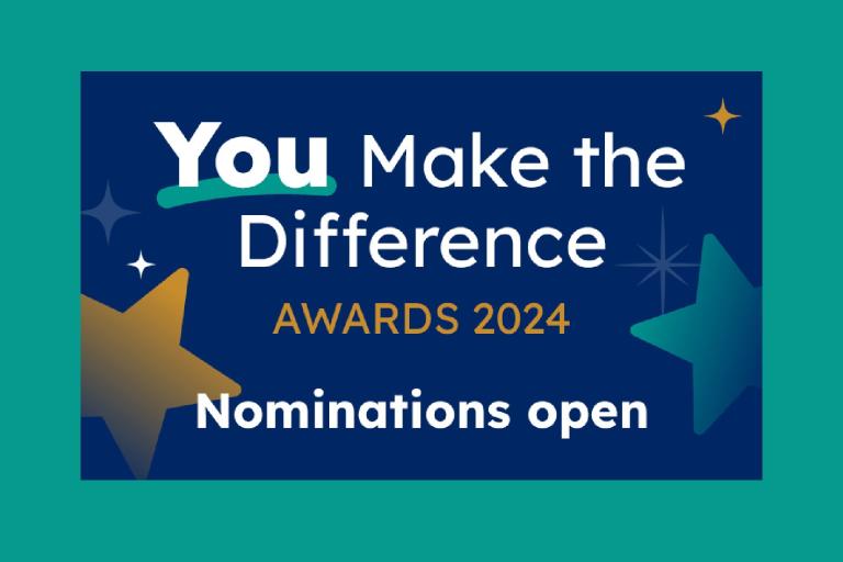 Blue shaded background with You Make the Difference Awards Nominations Open written on. Two gold stars either side of image