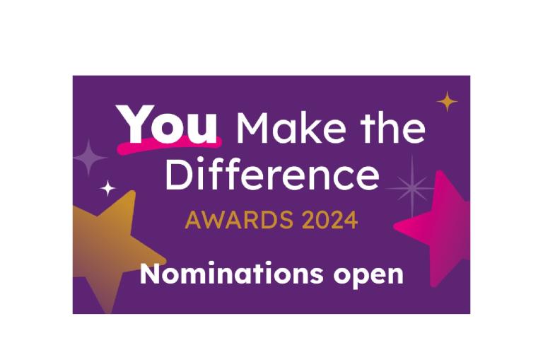 Purple background with wording You Make the Difference 2024 awards nominations open written on it