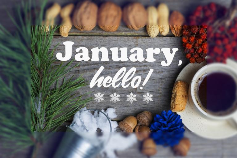 Words hello January, next to a couple of black coffee and some nuts and berries