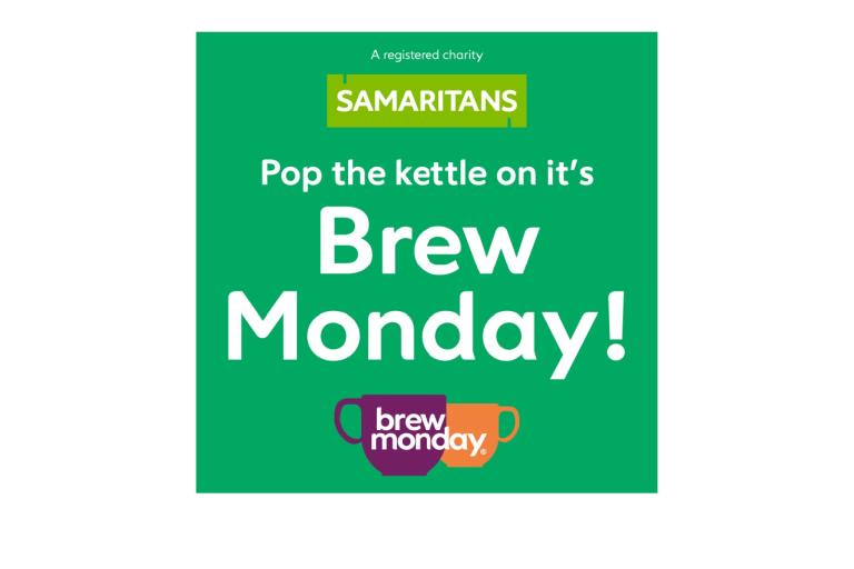 Samaritans Pop the Kettle on it's Brew Monday, with a graphic showing a teapot on a green background