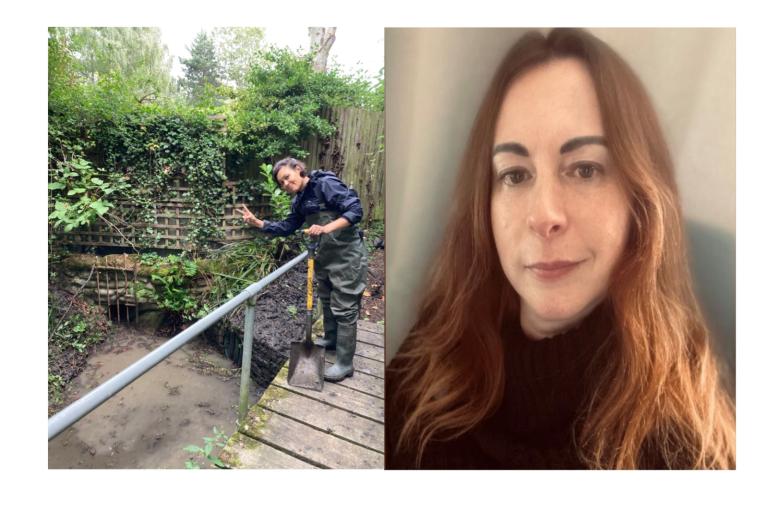 Selfie of Lucy, next to a picture of Ariel standing on a little wooden bridge and wearing wellies