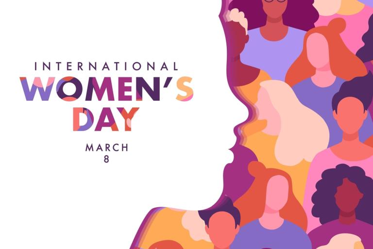 Outline of a face on left hand side of image with colourful images of women on the right hand side with text that says International Women's Day 2025