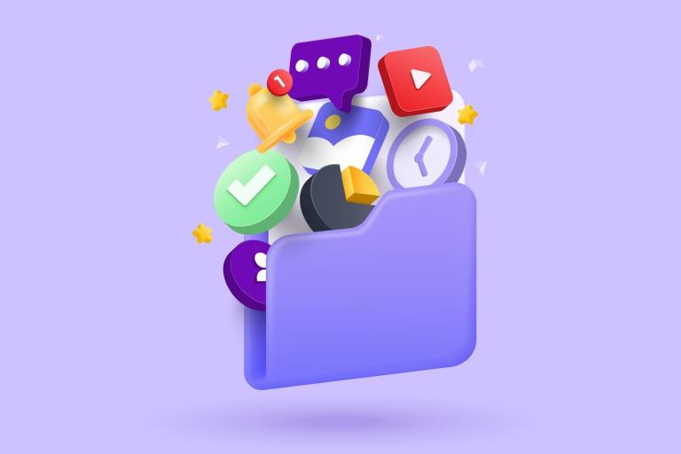 Lilac coloured background with an envelope pictured and symbols demonstrating types of communications coming out of it