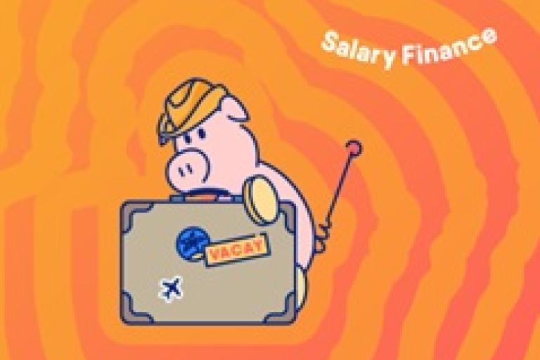 Graphic of a pig wearing a hat and holding a suitcase, with the words Salary Finance above him