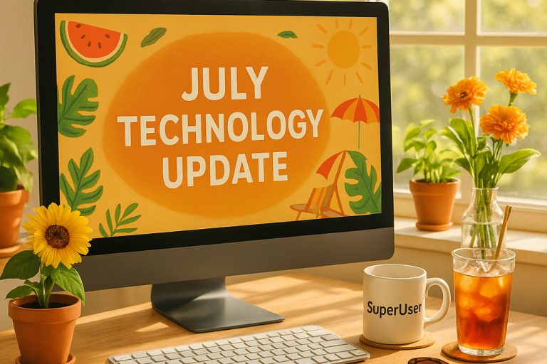 Laptop with July technology update on it, surrounded by sunflowers, a mug with 'superuser' on it and an iced tea