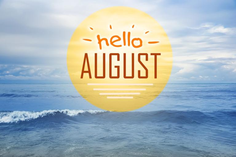 A sun over a beach scene, with the words hello August inside it
