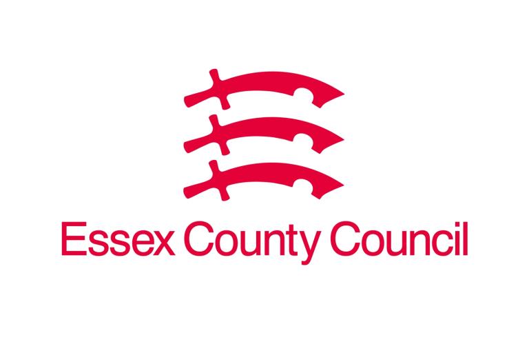 Essex County Council written in red wording on a white background with three red seaxes above it 