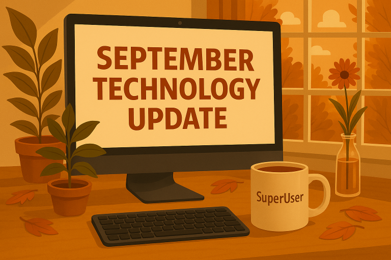 A realistic autumn-themed version of a workspace. A wooden desk with a computer monitor displaying technology update
