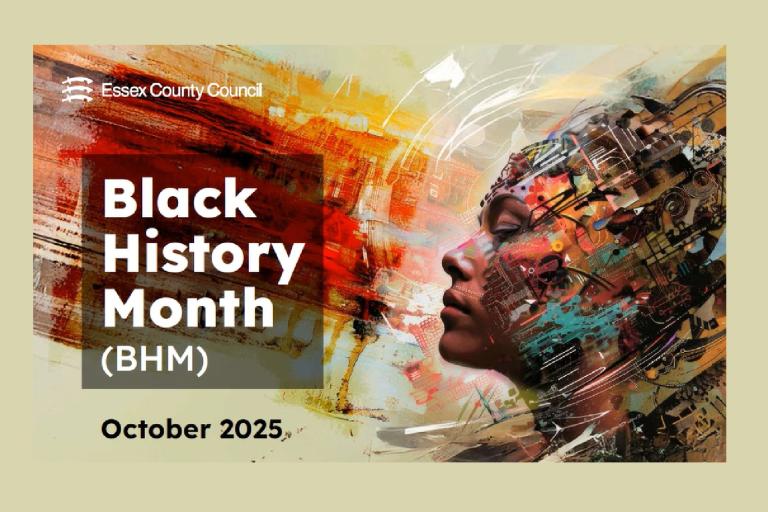 Image for Black History Month at ECC. The background features an abstract, vibrant design in orange, red, yellow, and blue. On the right, there is a profile view of a person's face with intricate patterns and digital overlays.