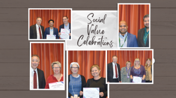 Social value celebrations and pinboard with photographs of those who won awards