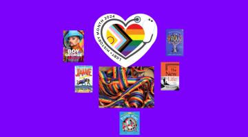 Purple background with a heart logo for this year's LGBT theme and the covers of several books from the libraries recommended reading list