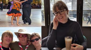 On the left we have Laura Walkinshaw sat in a coffee shop with a cup of coffee. On the right are two photographs. The first is of two people ballroom dancing. The second is of John wearing a hat and sunglasses, with two of his sons, all wearing scouting scarves and toggles. 