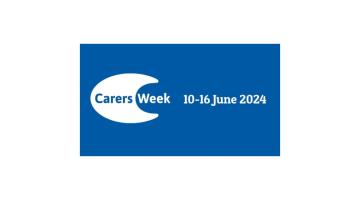 Logo for awareness week with blue background and wording in white saying Carers Week 2024