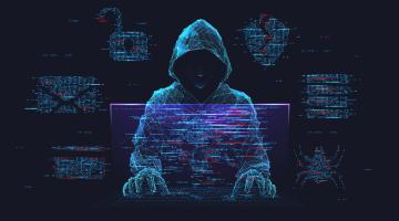 Fraud or scam background. Abstract hacker behind the monitor hologram with programmer code. Cybercriminal icons on a background. Cyber attack, computer hack, cybersecurity concept