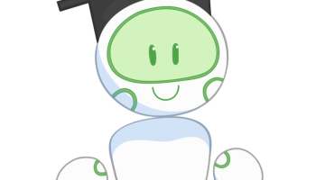 Graphic of a robot with a smiling green face