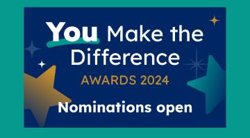 Blue shaded background with You Make the Difference Awards Nominations Open written on. Two gold stars either side of image