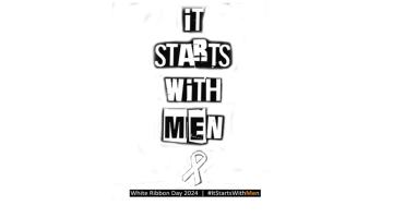 It starts with men - words in black and white, with white ribbon