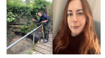 Selfie of Lucy, next to a picture of Ariel standing on a little wooden bridge and wearing wellies