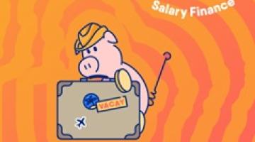 Graphic of a pig wearing a hat and holding a suitcase, with the words Salary Finance above him