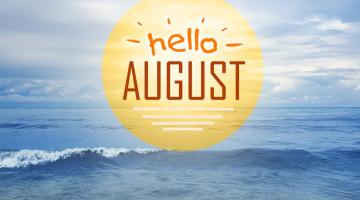 A sun over a beach scene, with the words hello August inside it