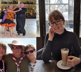 On the left we have Laura Walkinshaw sat in a coffee shop with a cup of coffee. On the right are two photographs. The first is of two people ballroom dancing. The second is of John wearing a hat and sunglasses, with two of his sons, all wearing scouting scarves and toggles. 