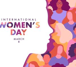 Outline of a face on left hand side of image with colourful images of women on the right hand side with text that says International Women's Day 2025