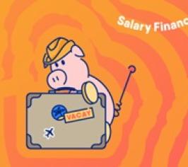 Graphic of a pig wearing a hat and holding a suitcase, with the words Salary Finance above him